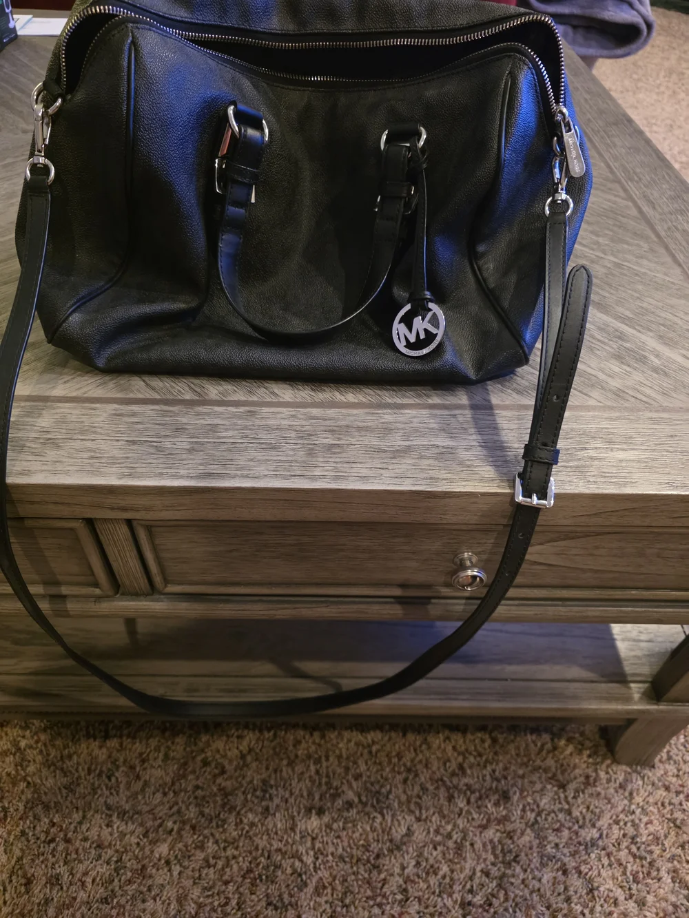 Michael Kors Black Leather Satchel with MK Charm and Adjustable Strap